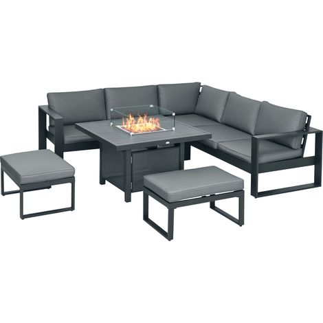 6-Piece Grey Aluminium Garden Furniture Set with Fire Pit Table,Outdoor Dining Sofa,Cushions,Loveseats,Footstools,Sectional Patio Furniture