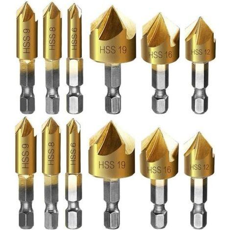 Fresa per smussi in metallo, set da 12 pezzi con gambo esagonale, punte di centratura automatica, punte per smussi 6mm 8mm 9mm 12mm 16mm 19mm (1/5)