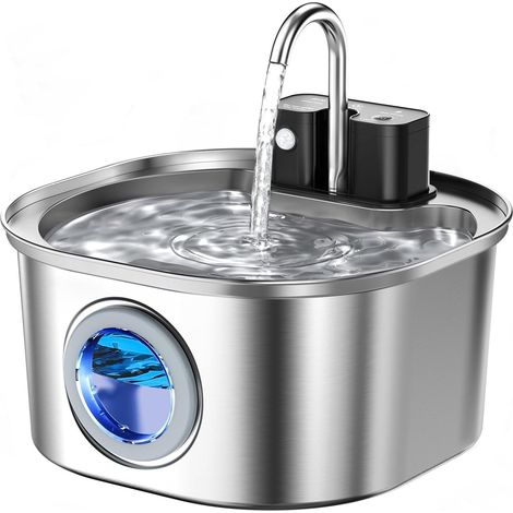Fontaine à eau pour chat en acier inoxydable, fontaine sans fil pour animaux de compagnie, alimentée par batterie, 3.2 L, avec pompe silencieuse (1/5)
