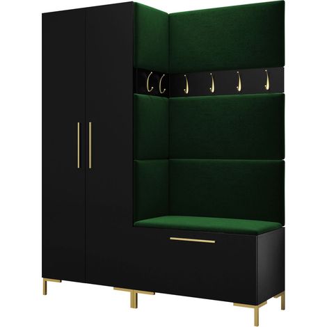 Mobilier1 – Meuble d'entrée murale Tivsoa 100 – Noir – Dimensions 196x158x44cm – Stratifié et tissu – Compatible robots aspirateurs