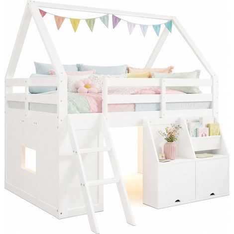 Lit mezzanine maison 140x200 avec escalier, LED, coffres de rangement à couvercle et poches tissu, blanc, structure en bois, pour chambre enfant - CHICFURN (1/5)