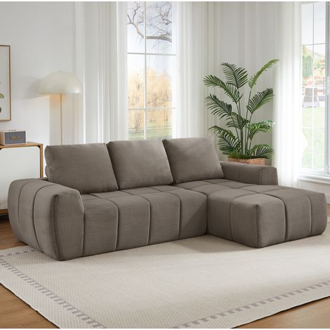 Canapé d'angle en velours côtelé taupe, design segmenté capitonné, sans montage, déploiement naturel en 72 h (1/5)