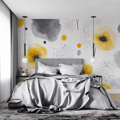 Papier peint fleurds pastel jaune et gris - 150 x 250 cm (1/2)