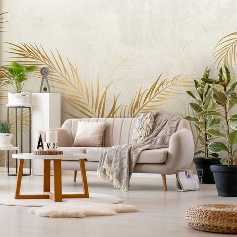 Vlies Fototapete Palmenblätter 300x210 cm, Tapeten, für Wohn und Schlafzimmer, Vliestapete Wandtapete Tapete 3D Effekt- inkl. Kleister - botanisch Blätter Boho Gold, WallArena (1/4)