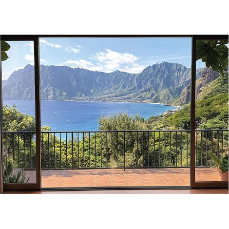 Papier peint mural 3D fenêtre vue mer montagnes intissé grand format design intérieur salon chambre pas cher 300x210 cm (1/5)