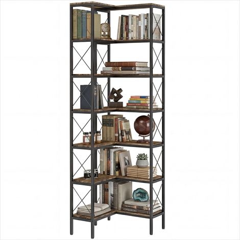 Bibliothèque d'angle 6 étagères métal et bois 200 cm (1/5)