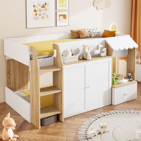 Cama infantil alta 90 x 200 cm con escalera, almacenaje abierto, blanco y madera HAVRYA (1/5)