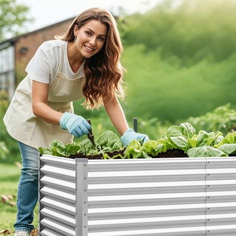 Bac de Culture Métallique Rectangulaire Surélevé 180 x 95 x 60 cm, Fond Ouvert avec Protections d’Angles Renforcées, Jardinière Galvanisée Argent Anti-Corrosion pour Légumes Fleurs (1/5)