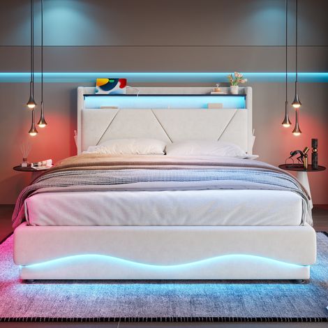 Lit rembourré moderne 140 x 200 cm – tête de lit avec LED et étagères, grand rangement en dessous, sommier à vérins à gaz silencieux, ports USB certifiés, poches latérales pratiques (1/5)