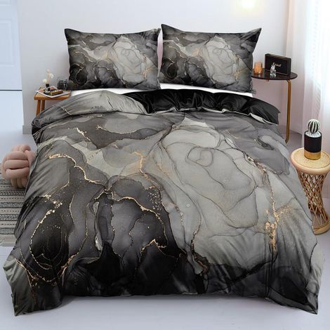 Bettwäsche 200x200 cm 3tlg Marmor Schwarz Mikrofaser 3-teilig