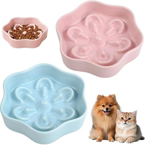 Gamelle Anti Glouton Chat Céramique Lot de 2 (Rose et Bleu) - Bol Chat et Chien 200 ML pour Alimentation Lente - Gamelle Anti Glouton Chien pour Chats, Petits Chiens, Lapins, Passe au Micro-Ondes (1/5)