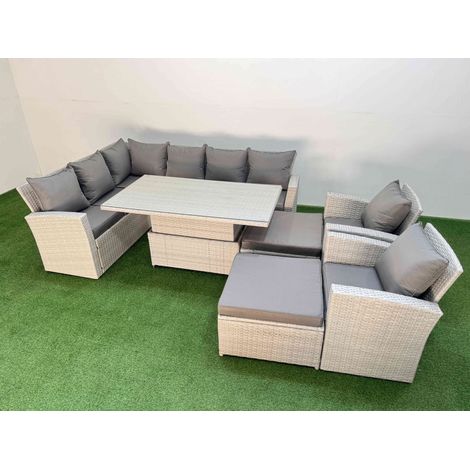 Fimous 10 Seat Rattan Outdoor Garden Furniture Corner Sofa Set Adjustable Lifting Dining or Coffee Table Set with Armchair Light Grey (1/5)