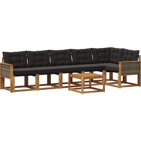 Set di divani da esterno con cuscino 7 pz Salotto da Giardino Naturale e Nero (1/5)