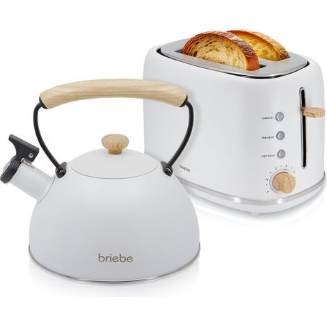 Briebe SKT1177WHT Nordic Ensemble Grille Pain 2 Fentes Larges, Bouilloire Sifflante Induction 2,3L 870W Blanc