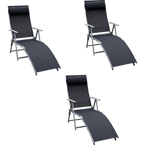 3er-Set sonnenliege klappbar Gartenliege mit Kissen 137x63,5x100,5cm Metall und Stoff Schwarz für Strand und Terrasse