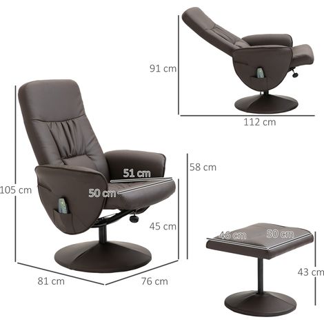 Fauteuil TV relax 2 places, inclinable et pivotant 360°, massage 10 points, simili cuir marron, L76 x P81 x H105 cm (1/5)