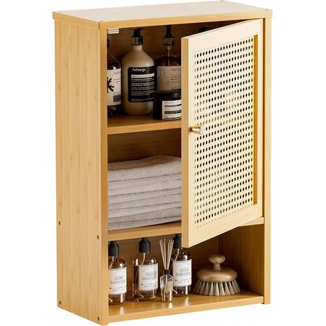 Rattan Wall Cabinet, Bamboo Medicine Cabinet with Adjustable Shelves, Over the Toilet Storage Unit for Kitchen, Living Room, Laundry Room, Natural (1/5)
