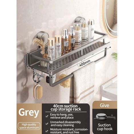 (Tige grise de 40 cm) Étagère de salle de bain à ventouses sans perçage, support mural en aluminium pour toilettes. Organisateur de salle de bain à suspendre au mur. (1/5)