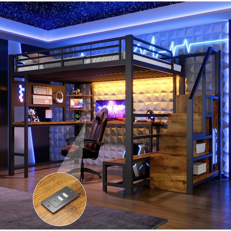 Hochbett 140x200 cm mit Schreibtisch, USB/USB-C, LED, schwarz HAVRYA (1/5)
