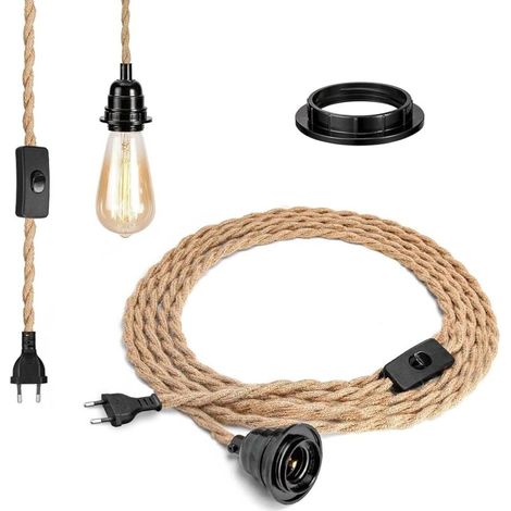 Douille E27 avec interrupteur, comprend une douille E27 et un cordon d'alimentation de 4 mètres, convient aux suspensions, aux plafonniers et aux luminaires DIY, blanc. (Jaune)