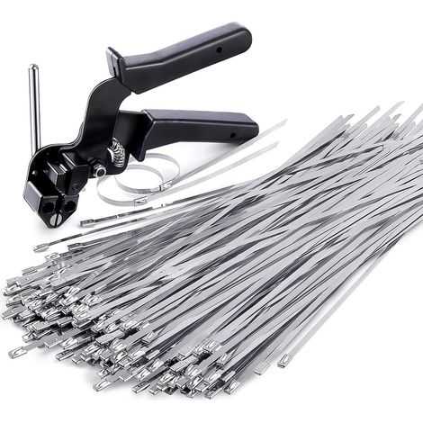 Kabelbinderpistole aus Edelstahl, Spezialwerkzeug zum Befestigen und Schneiden von Metallkabelbindern, mit 100 Stück 11,8-Zoll-Kabelbindern
