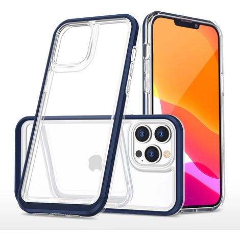 Custodia in silicone trasparente 3 in 1 con cornice per iPhone 14 Pro Max, colore blu (1/5)