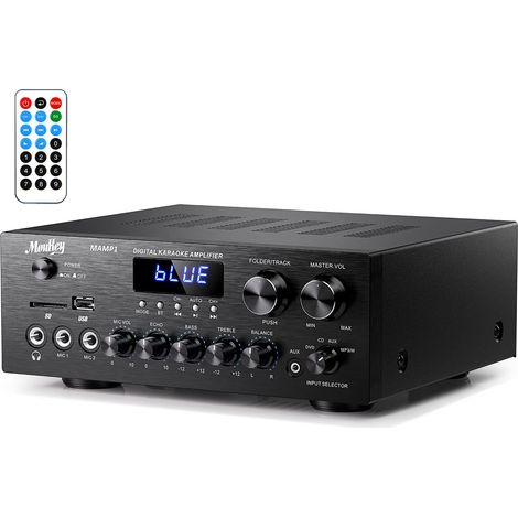 Amplificateur Audio 2 Canaux, 220W Amplificateur Stéréo Bluetooth 5.0, Amplificateur HiFi, Récepteur Audio Stéréo avec USB, SD, AUX, RCA, MIC in Echo, Radio, LED, pour Maison, MAMP1 (1/5)