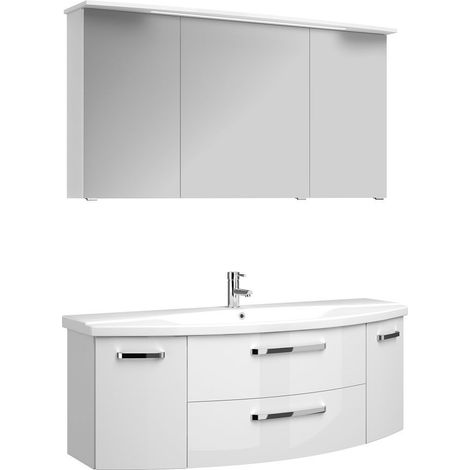Waschplatz-Set in weiß glänzend FES-4010-66 Unterschrank mit gerundeter Front & Spiegelschrank mit LED - B/H/T: 144/175/50cm (1/5)