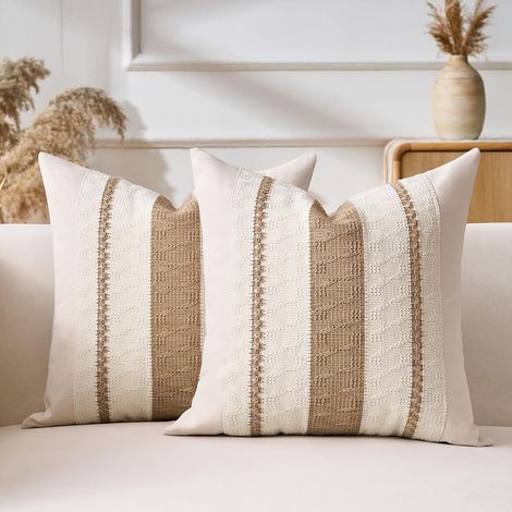 Housse de Coussin 40x40 Marron Boho Texturée à Rayures Tissées Décoratives Moderne Housse Coussin Canapé Decoratif pour Maison Couch Sofa Salon Chambre Décoration Lot de 2 (1/5)