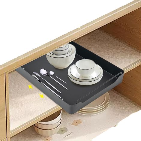 KüChenschublade Ausziehbarer Schrank Organizer Ohne Bohren 25kg Tragkraft Küche Teleskopschublade 43×25×7 cm Küchen-Schubladeneinsatz (1/5)