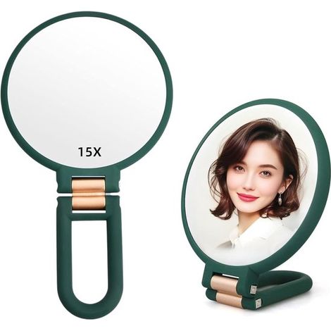 Miroir de poche avec poignée pour voyages - Miroir grossissant double face - Poignée pivotante réglable - Pliable - Pour maquillage, voyage, bureau et rasage (1/5)