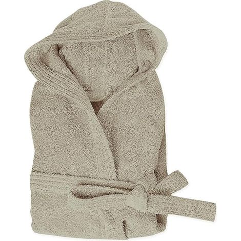Accappatoio Spugna 100% Cotone Tinta Unita Morbido Uomo Donna Cintura Tasche Cappuccio Beige - XL