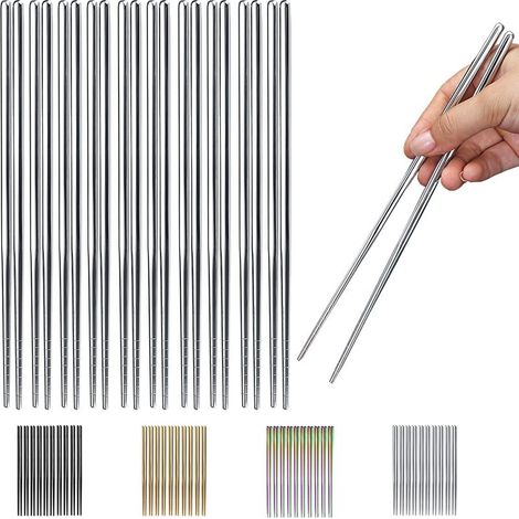 Lot de 10 paires de baguettes réutilisables, en acier inoxydable, japonais, chinois, coréens, passent au lave-vaisselle, 22,5 cm (argenté/baguettes) (1/5)