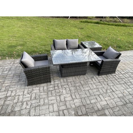 Fimous Outdoor Garden Dining Sets 4 Seater Rattan Patio Furniture Sofa Set with Rising Lifting Table Side Table Dark Grey Mixed (1/5)