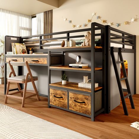Hochbett 140/200 cm Schwarz mit Schreibtisch, Regalen, Stoffschubladen und LED (1/5)