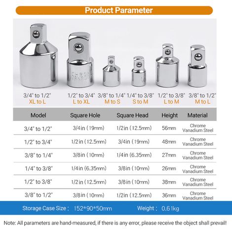 Lot de 6 adaptateurs de douille universels en acier au vanadium-chrome, convertisseurs pour visseuse percutante, embouts carrés, douilles de réduction et cardans pour clé à cliquet