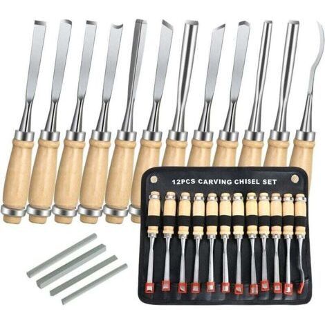 QORVA-Ciseaux a Bois, 12PCS Outil de Gravure Bois Kit, Décapage Couteau Sculpture sur Bois avec Manche en Bois et Moulinet, pour Débutants, Sculpteur, Charpentier, Amateur
