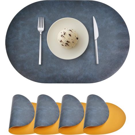 Lot de 4 sets de table ovales en similicuir pour table de salle à manger, sets de table double face, résistants à la chaleur, lavables et faciles à nettoyer, pour intérieur et extérieur, bleu/jaune'Bl