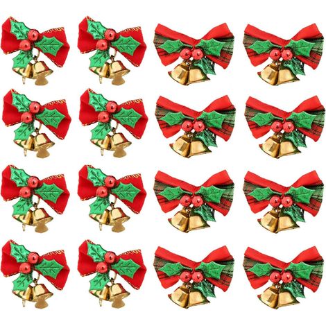 Weihnachts-Schleife mit Glocken, Weihnachts-Mini-Schleife, Geschenk, Ornament, Weihnachtsbaum, Deko zum Aufhängen, 16 Stück (1/5)