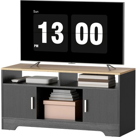 Schwarzer TV-Ständer aus Holz, 105 x 40 x 52 cm, mit 2 Nischen, 2 Schränken mit Türen und einem offenen Regal.
