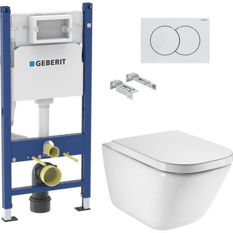 Duofix Pack WC su telaio + WC sospeso senza brida Roca con sedile SoftClose + placca bianca (GEBROGAWR01-IN)