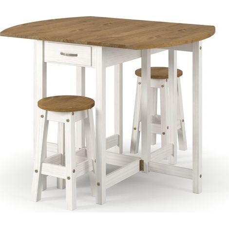 Corona Oval Breakfast Drop Leaf Gateleg Table and 2 Stool Set - Pine - White/Antique Waxed Pine - Flat Packed