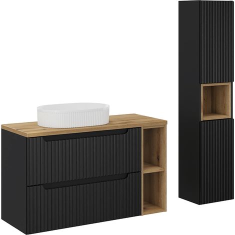 Conjunto mueble lavabo individual 100cm 2 cajones 2 compartimientos y columna Riva Negro y Madera