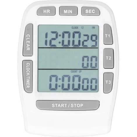 Triple minuterie horloge compte à rebours 4.0x4.4 cm écran LCD multifonction blanc batterie intégrée (1/5)