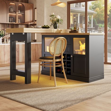 Table à manger extensible lumineuse LED 3 teintes, 120-197 cm, rotative 360°, meuble de rangement avec porte-bouteilles, blanc et noir, capacité 60 kg (1/5)