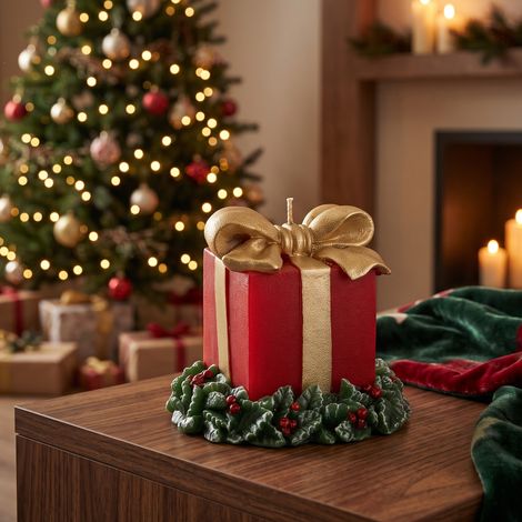 Candela profumata a forma di pacco regalo rosso e oro, decorazione da 11.5 cm (1/4)