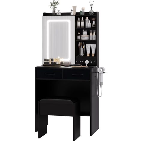 Coiffeuse avec Miroir LED Et Tabouret, Lumière 3 Modes Réglable, Table De Maquillage avec 4 Étagères Et 2 Tiroirs, Meuble Chambre (1/5)