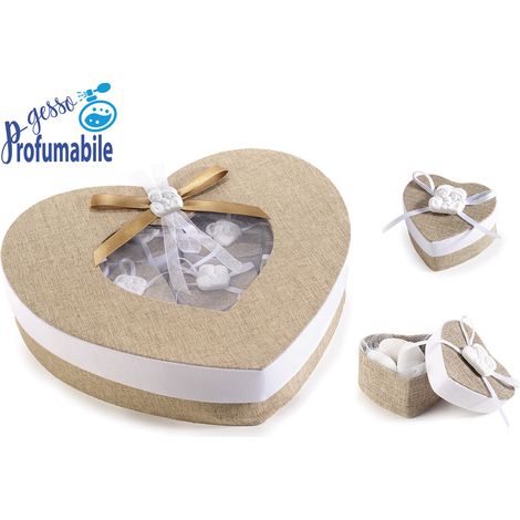 Set scatole bomboniere a cuore con 12 scatoline e gesso Battesimo, Scatolina: cm 6x5,5x3,5 H