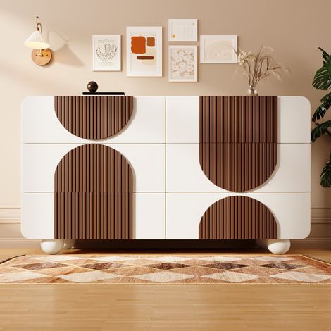Kommode mit 6 Schubladen und Abgerundetem Design, Leise Auszüge, Eleganter Stil, aus Holz, 121×41×71 cm, Weiß