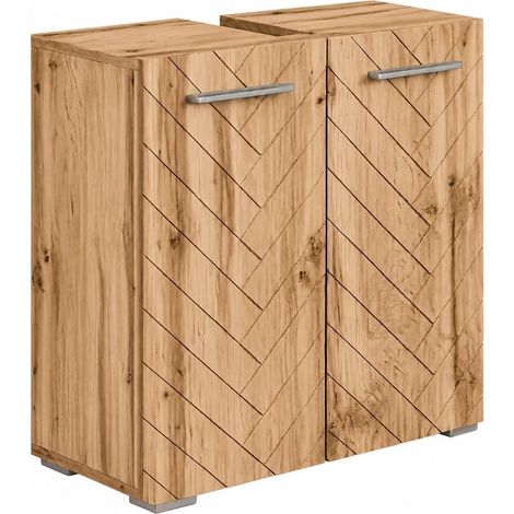 Badplaats – Meuble sous vasque simple 60 x 30 x 60 cm – Chêne – Deux portes à chevrons – Panneaux de particules haute qualité (1/4)